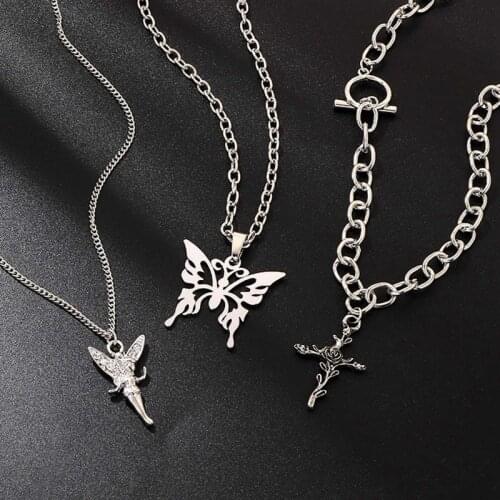 Kpop Gothic Harajuku Multi-layer Angel Cross Rose Butterfly Pendant Chains Necklace For Egirl Women Men Punk Aesthetic Jewelry