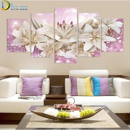 Fashion Flower Diy Diamond Painting 5D Full Square/ Round Pink Lily Flower 5Pcs Diamond Crystal Cross Stitch Mosaic Wall Art