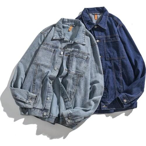 Fashion Mens Flight Denim Jacket Patchwork Pocket Vintage Washed Jean Jacket Slim Fit Oversize Biker Denim Jacket For Male