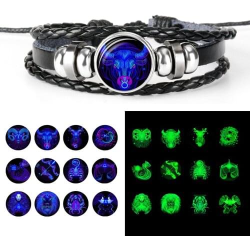12 Constellation Zodiac Sign Black Braided Leather Bracelet Cancer Leo Virgo Libra Woven Glass Dome Jewelry Punk Men Bracelet
