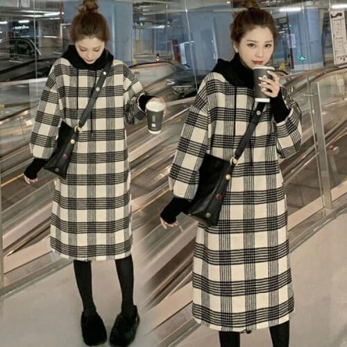 Autumn and winter hooded mid long plaid hoodies womens ins Plush thickened Korean version fashionable wear Hoodie