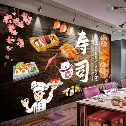 Custom Photo Wallpaper Personalized Wooden Board Sushi Tooling Background Wall Mural Restaurant Snack Bar Papel De Parede Murals