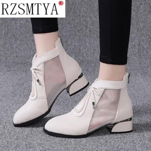 RZSMTYA 2021 New Arrived Woman Mesh Ankle Boots for Women Summer Square Heels Boots Sandal Ladies Pointed Toe Bowtie Boots