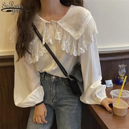 Chic Office Lady Fairy Peter Pan Collar Basic Blouses Chic All Match 2021 Lace Chiffon Puff Sleeves Casual Female Shirts 11767
