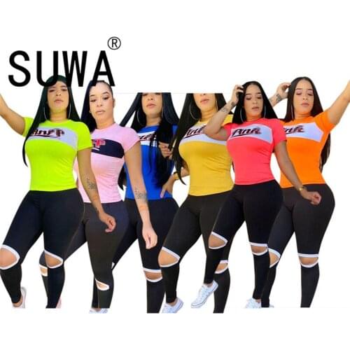 Sporty Tracksuit Letter Print O Neck Tops And Long Pant Suit Ladies Short Sleeve 2 Pieces Tracksuits