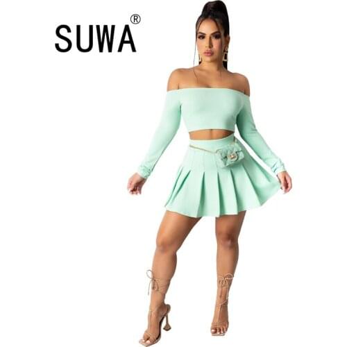 Vegetation Green Women Two Pieces Sets Fashion Clothing Salsh Collar Long Sleeve Pullover Crop Top Pleated Skirts Show White