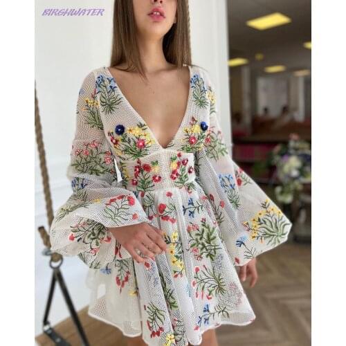 Womens Mesh Dress Summer 2021 Floral Embroidery V-Neck Sexy Dresses Spring Elegant Lantern Sleeve Cute Mini Dress
