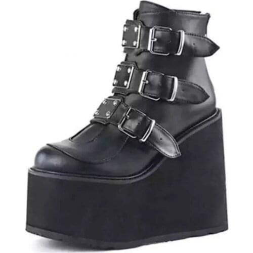 Winter Buckle Ankel Boots Women Punk Female Platform Boots Wedges High Heels PU Women Boots Botas Mujer Modern Boots