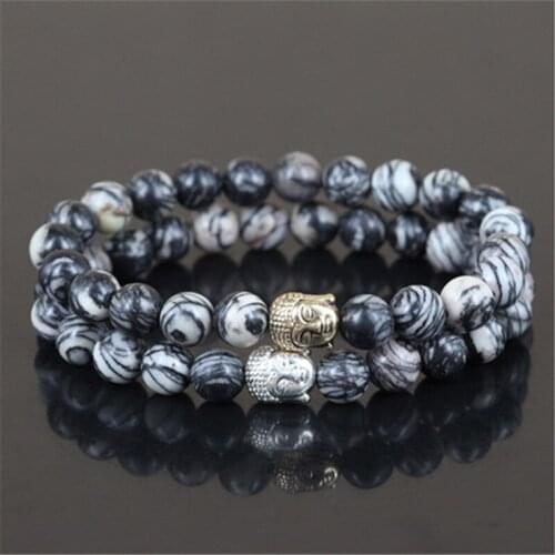 2pcs Beaded natural network stone beads charm bracelet for women mercy two color buddha head men stretch bracelet