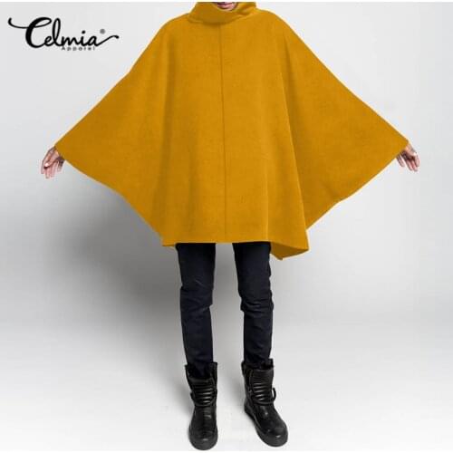 2021 Celmia Fashion Women Winter Capes Casual Stand Collor Zipper Jackets Bat Sleeve Warm Woolen Coats Cloak Outerwear 5XL Capes