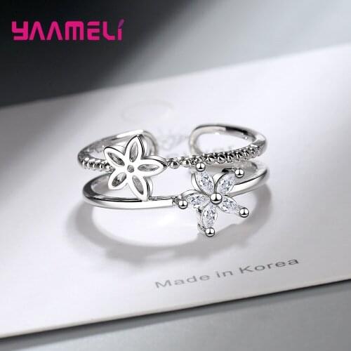 925 Sterling Silver Wedding Engagement Adjustable Flower Rings For Women Girls CZ Crystal Valentines Day Gift Wholesale