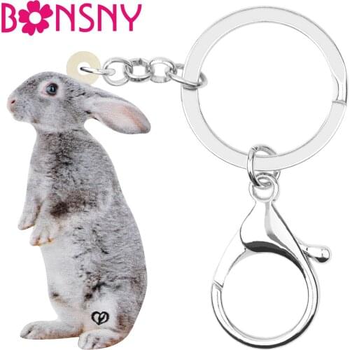 Bonsny Acrylic Gray Easter Hare Rabbit Bunny Keychains Keyring Animal Key Chain Jewelry For Women Kid Classic Car Bag Decoration