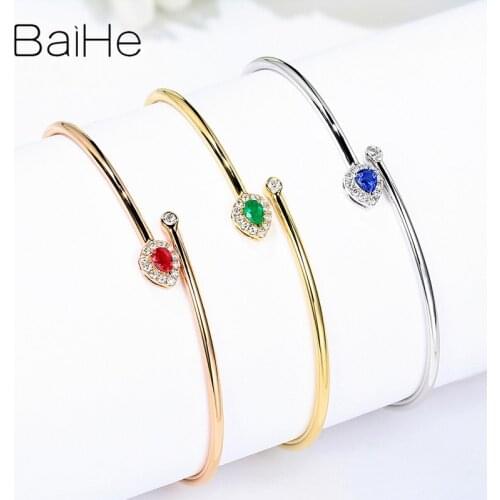 BAIHE Solid 14K Yellow Gold 0.20ct Flawless Pear Ruby/Emerald/sapphire Wedding Women Trendy Fine Diamond Fine Jewelry Bracelet