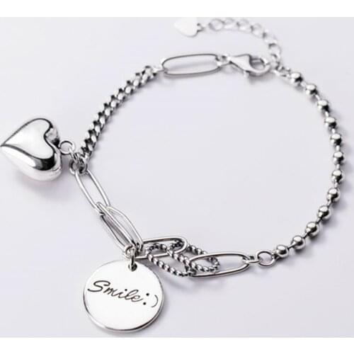 Sole Memory Round Tag Smooth Shiny Heart Pendant 925 Sterling Silver Female Resizable Bracelets SBR268