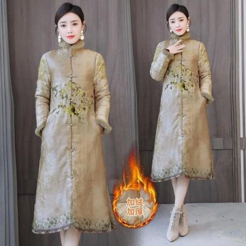 Winter Fall Womens Stand Collar Chinese Style Embroidery Floral Cheongsam Quilted Coat , Padded Cotton Long Coats for Women