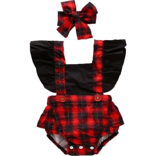 Pudcoco Newborn Baby Girls Fly Sleeve Red Plaid Bodysuit Christmas Xmas Clothes Headband Summer Backless Clothing Winter Jumper