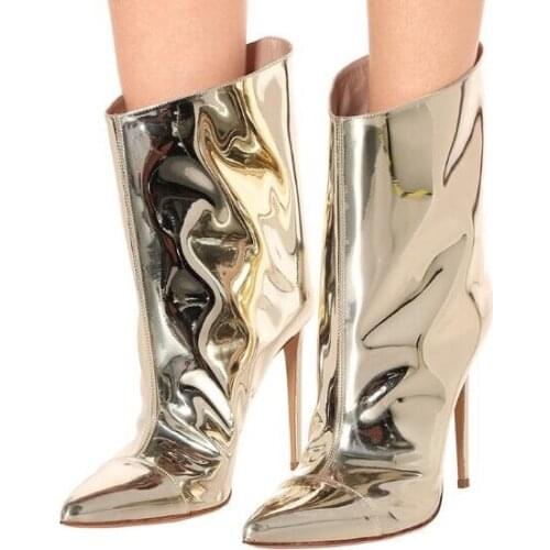 Drop Shipping Light Gold Patent Leather Woman Mirror Pointed Toe Thin Heels Mid-calf Short Boots Sexy Heels Plus Booties Lady