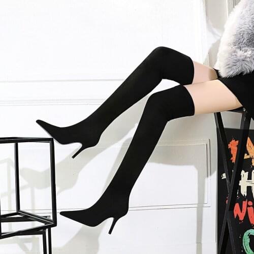 UMMEWALO Over Knee Boots Women Fashion Pointed Toe Flock High Heel Shoes Winter Boots Ladies