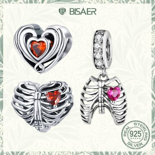 BISAER 925 Sterling Silver Love oath of ribs Dangle Pendant Love Skeleton Charms plata de ley Sterling Silver Jewelry ECC1459