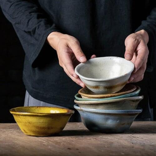 Japanese retro stoneware bowl and plate kiln changed household tableware handmade creative dish single color rice bowl
