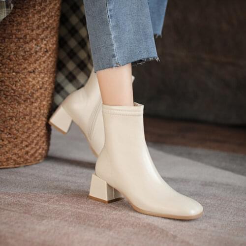 Ochanmeb Hand Made Block Heels Ankle Boots for Women Chic Square Toe Zipper Black Brown Beige Short Bootie Dress Office Shoes 43