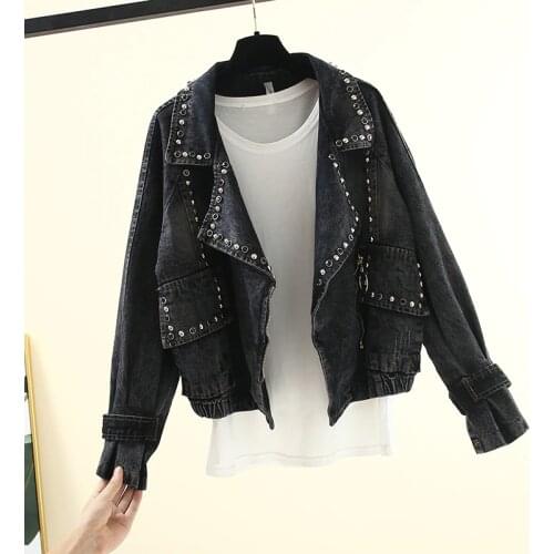 Women Oversize Denim Jacket Rivets Baggy Boyfriend Casual Jeans Outerwear Denim Coat Ladies Beads Loose High Street Jeans Jacket