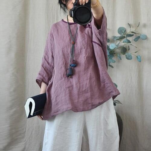 Johnature Women Linen Shirts O-Neck Half Sleeve Solid Color Button Blouse 2021 Summer New Vintage Casual Comfortable Shirts