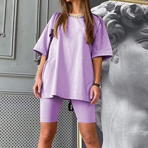 Woman Solid Color Casual Sports Leisure Suit With Belt Female Short Sleeve Loose T Shirt Tops Bodycon Legging 2 Piece Set#f3