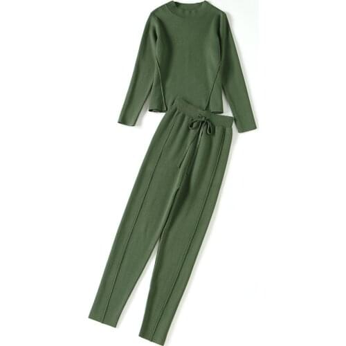 2021 Autumn Winter Women Sweater Long Sleeve O Neck Pure Color Leisure Knitted Pullovers + Pantsuit Two-piece Outfit