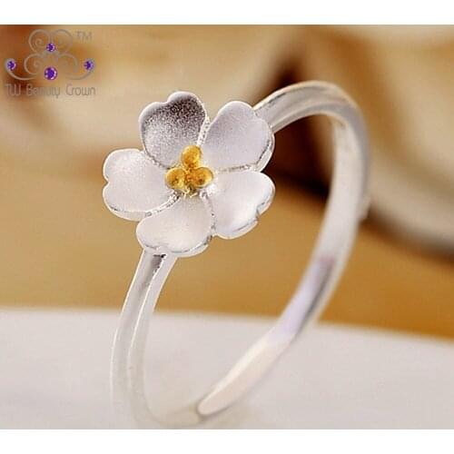 1 Pc Real 925 Sterling Silver With Yellow Gold Color Cherry Blossoms Flower Love Heart Middle Finger Tail Ring For Women Female