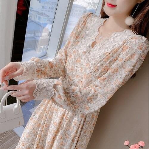 Spring New Long Dress Women Lace Patchwork Chiffon Midi Floral Printed Dress Long Sleeve V-Neck Office Lady Korean Elastic Waist