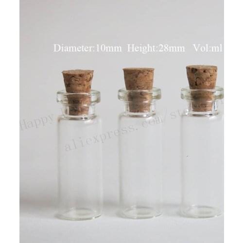 100pcs/lot 1ml Mini Glass Bottle with wood cork,1cc small cork stopper glass sample vial, wishing bottle,10mm*28mm*5mm