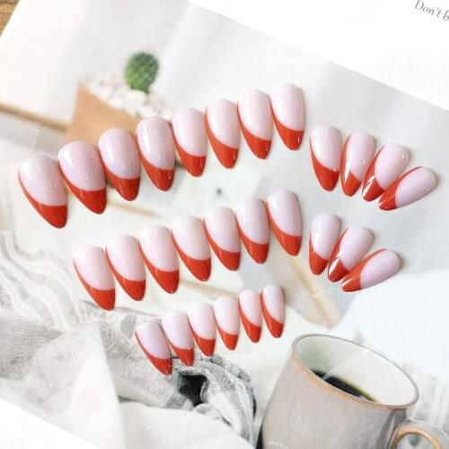 24Pcs/Set Orange Color Fake Nails DIY Slider Rounded Head Natural Nail DIY Manicure Art Designs Press On Fake Nails With Glue