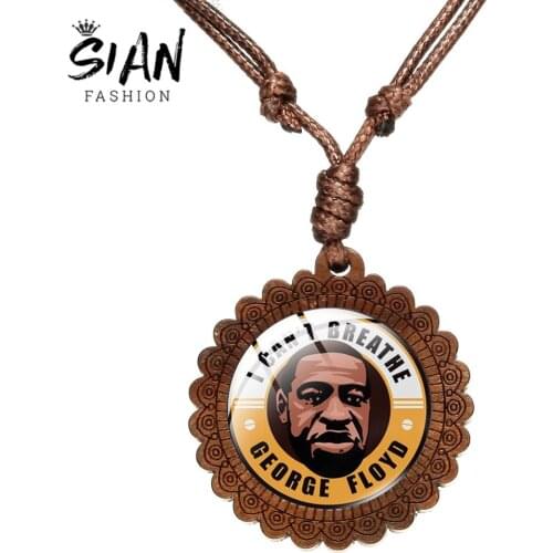 SIAN I Can't Breathe George Floyd Pendant Necklace Black Lives Matter Art Photo Protest Wooden Necklace Handmade Glass Cabochon