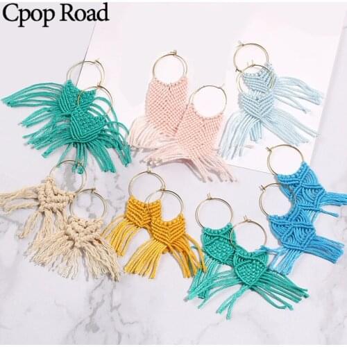 Cpop Fashion Handmade Weave Macrame Earrings Geometric Ethnic Boho Feather Fringe Tassel Earrings Bridesmaid Jewelry Accessories