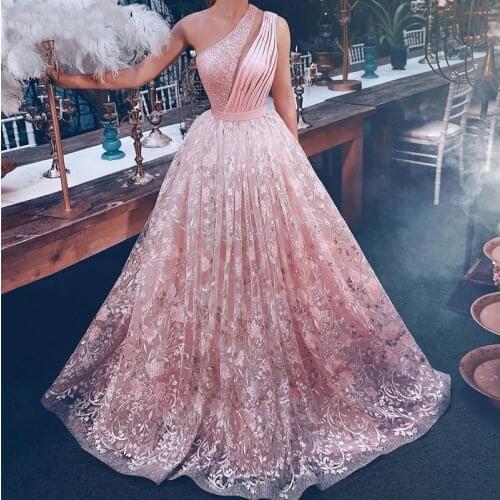 One-Shoulder Pink Evening Dresses Long 2020 New A-Line Lace Islamic Dubai Saudi Arabic Formal Party Dress Prom Gowns