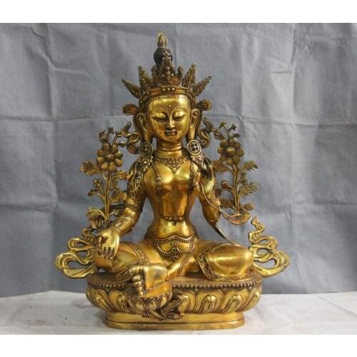 Chinese Bronze Copper Gild Green Tara Kwan-yin Bodhisattva Goddess Buddha Statue