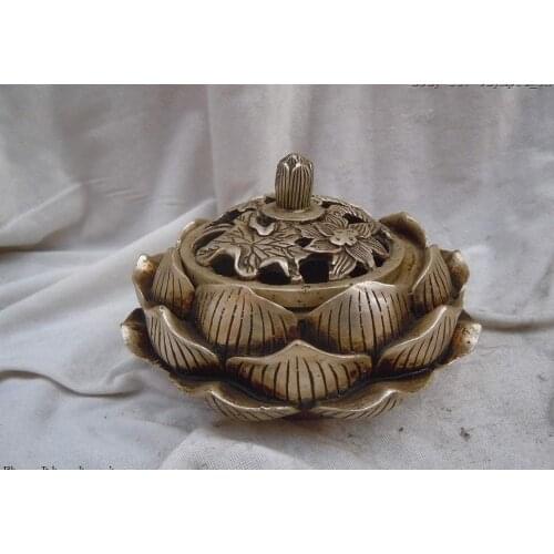 China silver carved finely water lily censer Incense Burner Sculpture Statue