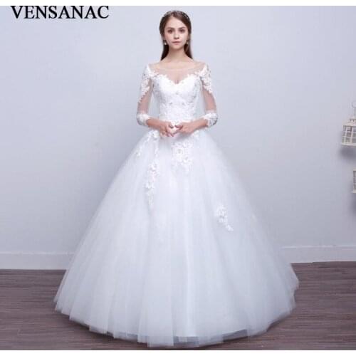 VENSANAC 2018 Illusion O Neck Crystal Flowers Ball Gown Wedding Dresses Lace Appliques Sleeve Backless Bridal Gowns