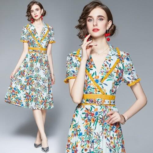 Summer Womens New Floral Print Suit Collar Short-Sleeve Slim-Fit Mid-Length A- line Dress with Belt