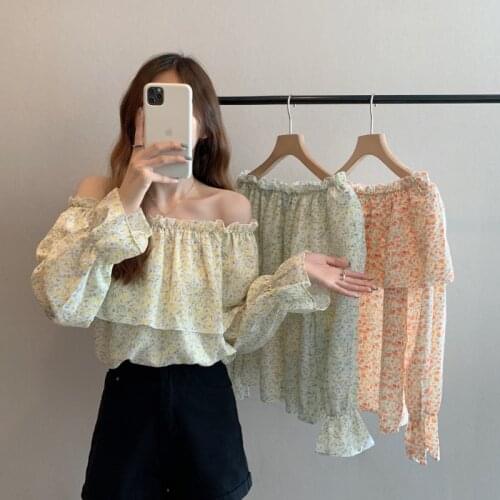 Summer sweet ruffled slash neck strapless floral chiffon shirt women