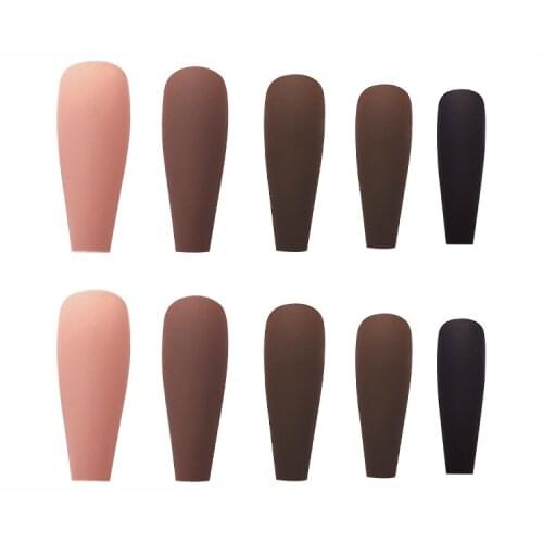 24Pcs Matte Long Ballerina False Nails Tips Brown Pink Coffin Full Cover Fake Nails With Glue Nail Art Decor Manicure Extension