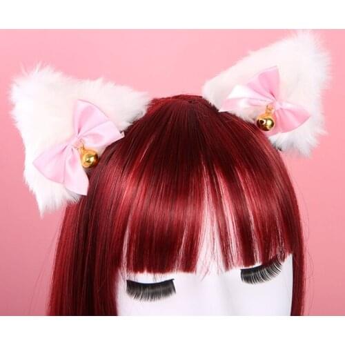 Kawaii Plush Cat Ears Lace Headband Maid Lolita Cosplay Ribbon Bowknot Hair Hoop with Ring Bell Masquerade Halloween Party
