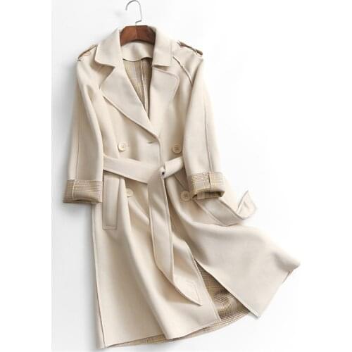 Fashion Double-breasted Belted Slim Solid Color Flanging Raglan Long-sleeved Lapel Coat Autumn Winter Womens Trench Coat M869