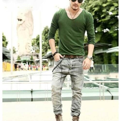 Plus Size Deep V Neck T Shirt Men Long Sleeve T Shirts Fitness T-Shirt New Brand Solid Undershirt 2019 New Spring