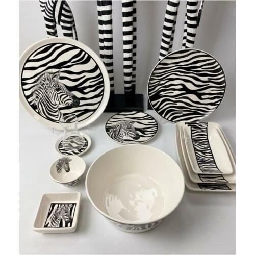 3 Pieces Ceramic Zebra Serving Serving Plate Set Black Dining Plate Dessert Plate Nut Fruit Cake Tray Snack Kitchen Plate Wester