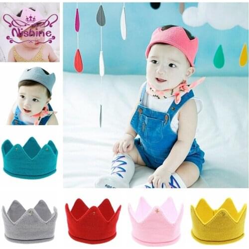 Solid Color Handmade Knitted Wool Baby Hats Fashion Crochet Crown Infant Caps Princess Headwear Birthday Decoration Photo Props
