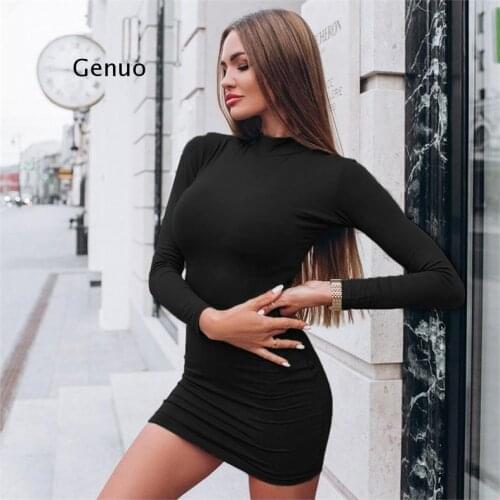 Autumn Sexy Solid Color Turtleneck Skinny Mini Dress Women Fall Keep Warm Long Sleeve Slim Dress