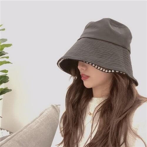 Panama Fishermans Hat Female Autumn Winter Hat Double Layer Diamond Decoration PU Leather Black Hat Shading Kpop Bucket Hat