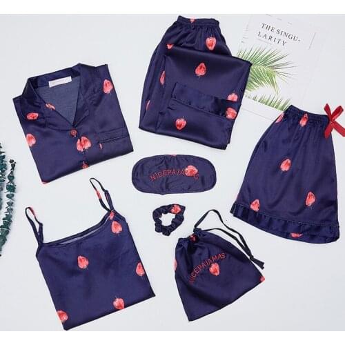 Autumn New 7 Pieces Set Ice Silk Pajama Set Fashion Woman Printing Long Sleeve Nightgown Shorts Pants Set Sleepwear